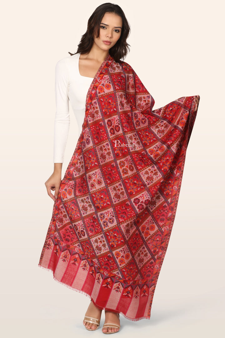 Pashtush Womens Faux Pashmina Stole, Ethnic Weave  Design, Maroon