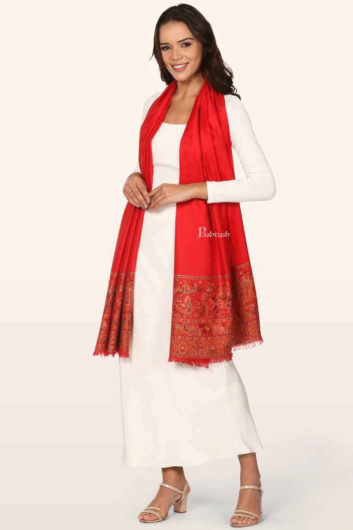 Pashtush Womens Stole, Faux Pashmina with Doli Palla Woven Design, Red