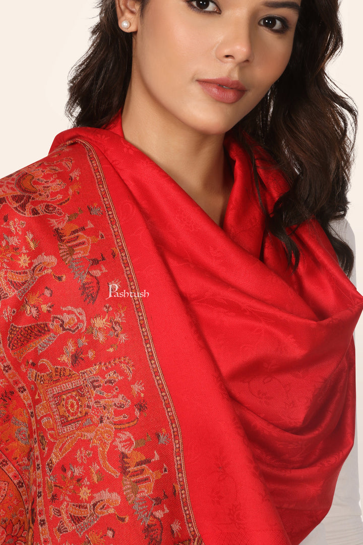 Pashtush Womens Stole, Faux Pashmina with Doli Palla Woven Design, Red