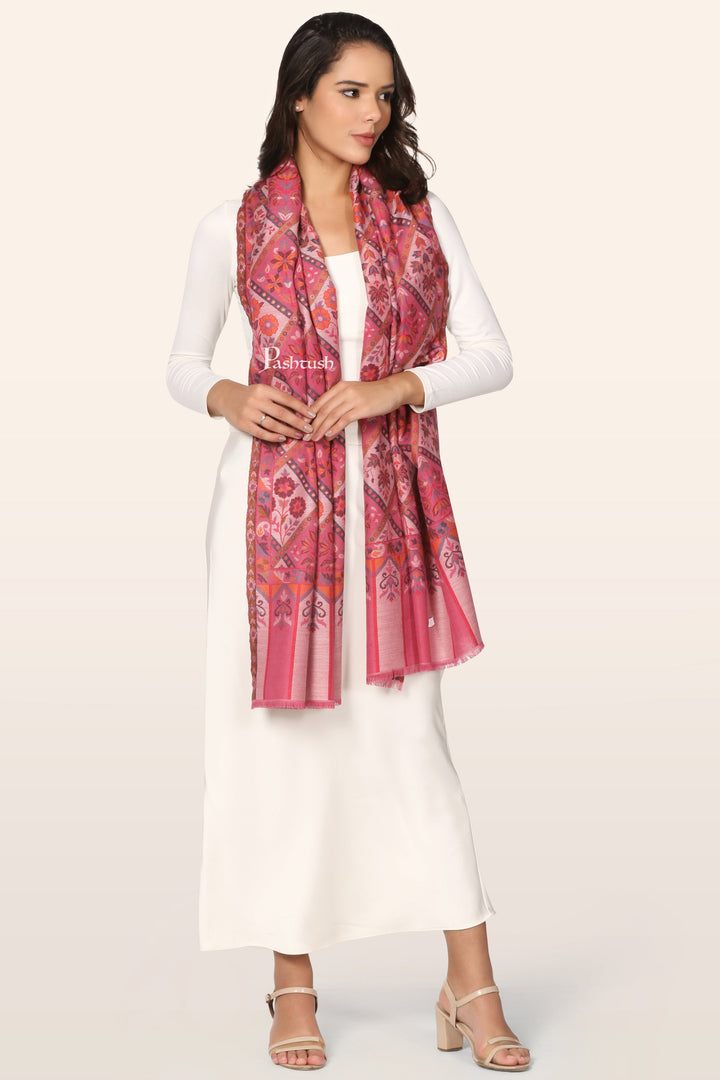 Pashtush Womens Faux Pashmina Stole, Diamond Weave Design, Pink