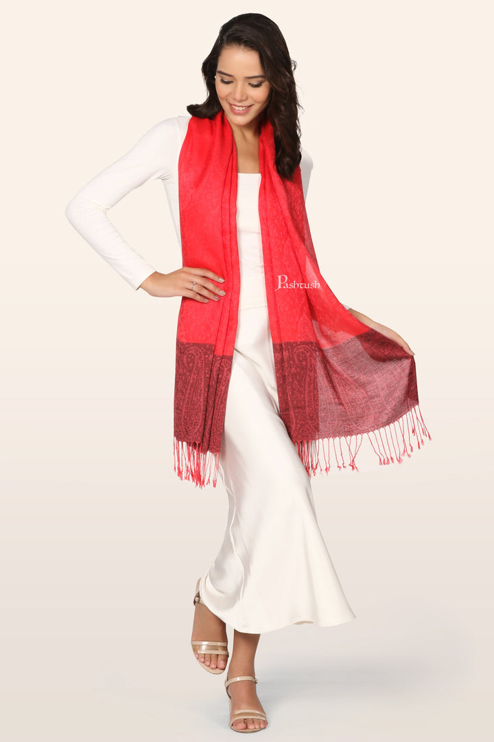 Pashtush Womens Bamboo Stole, Woven Design, Ambi Palla, Crimson