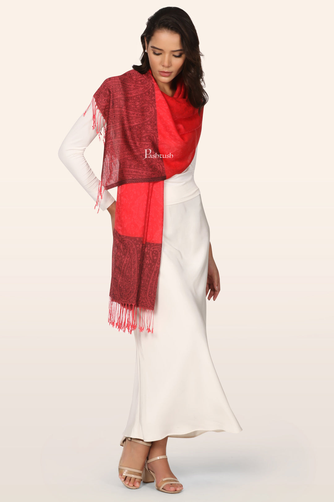 Pashtush Womens Bamboo Stole, Woven Design, Ambi Palla, Crimson