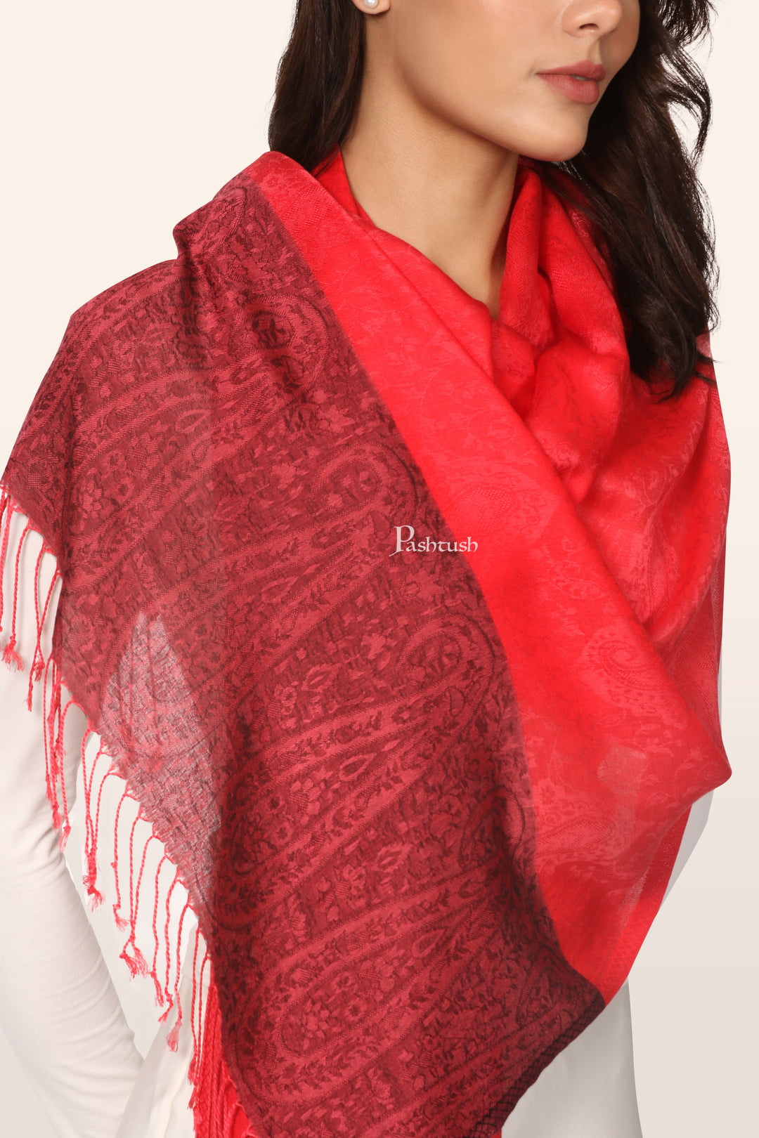 Pashtush Womens Bamboo Stole, Woven Design, Ambi Palla, Crimson