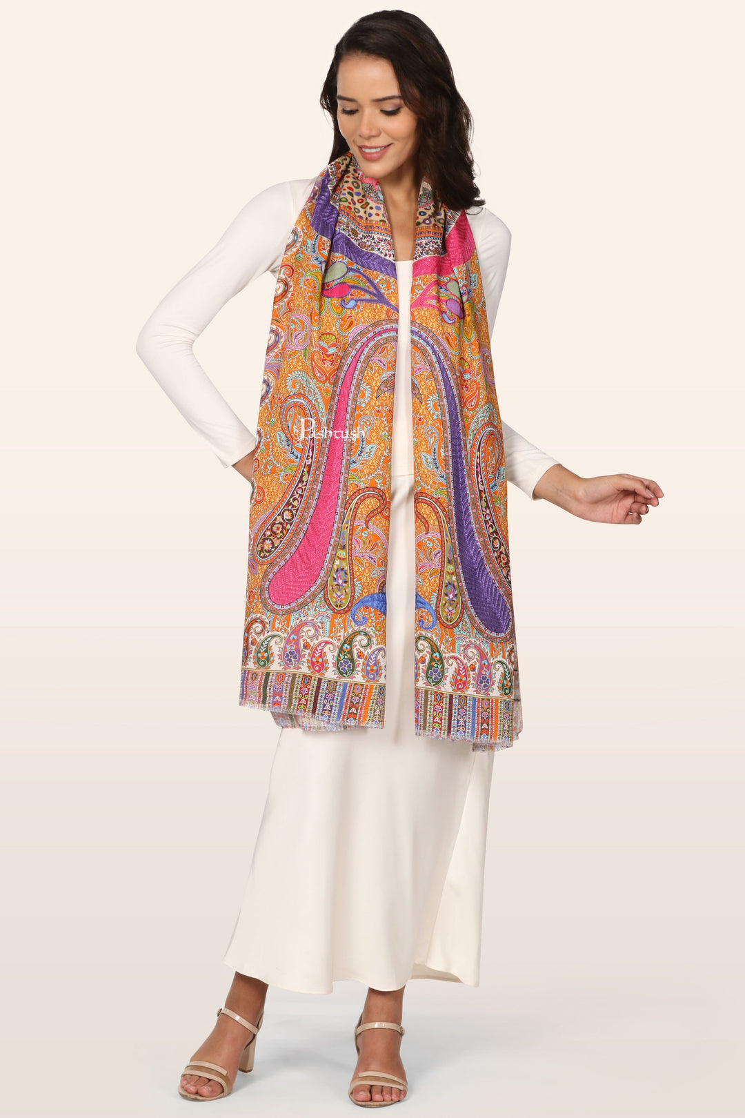 Pashtush Womens Stole, Soft bamboo, Print with Multicoloured Aari Embroidery