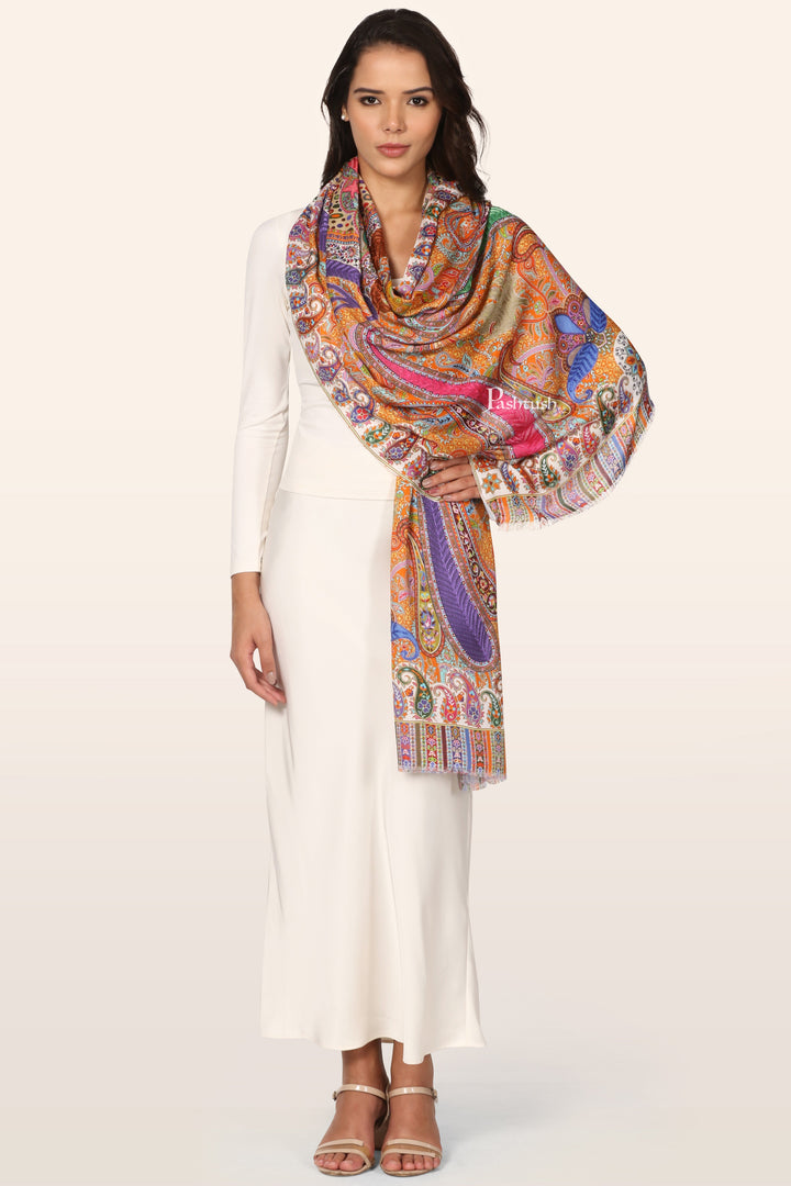 Pashtush Womens Stole, Soft bamboo, Print with Multicoloured Aari Embroidery