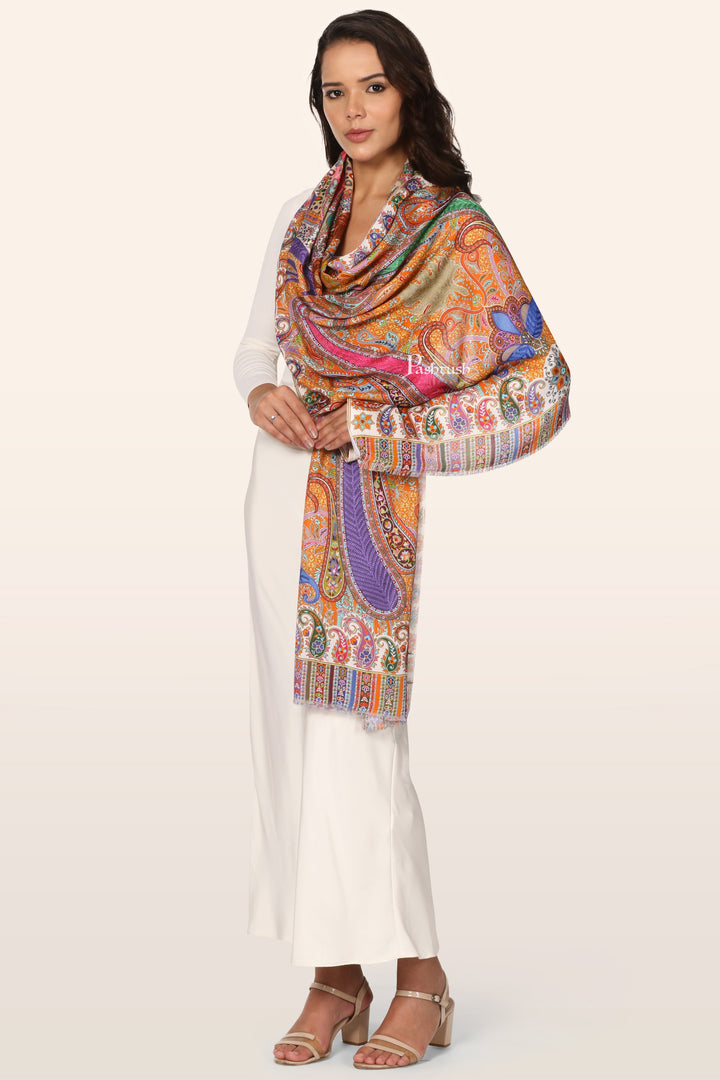 Pashtush Womens Stole, Soft bamboo, Print with Multicoloured Aari Embroidery