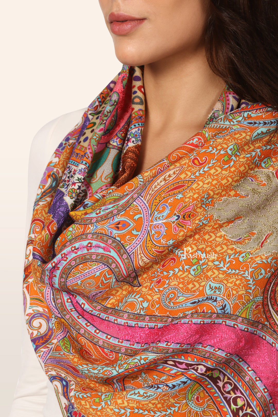 Pashtush Womens Stole, Soft bamboo, Print with Multicoloured Aari Embroidery