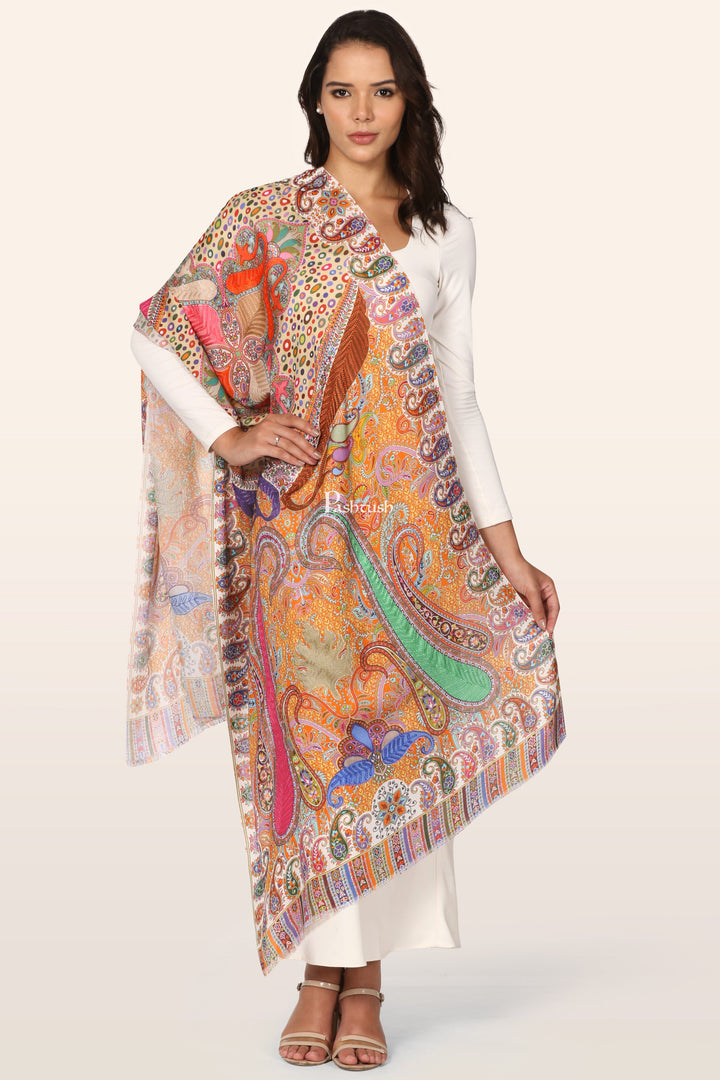 Pashtush Womens Stole, Soft bamboo, Print with Multicoloured Aari Embroidery