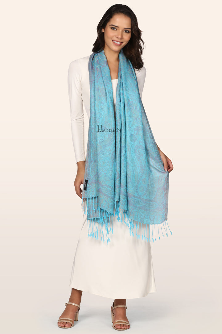 Pashtush Womens Bamboo Stole, Paisley Weave Design, Arabic Sea Blue