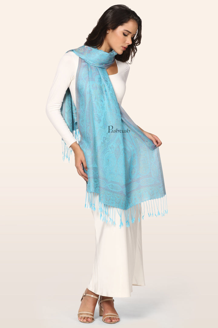 Pashtush Womens Bamboo Stole, Paisley Weave Design, Arabic Sea Blue