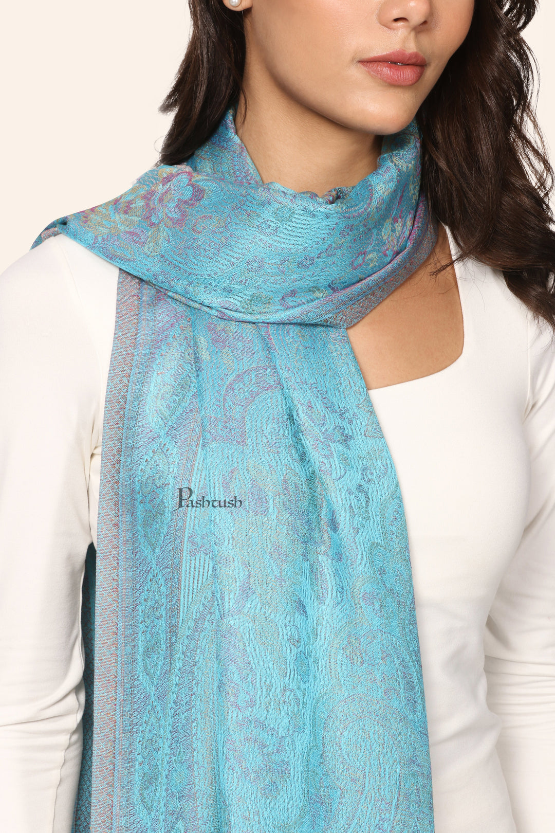 Pashtush Womens Bamboo Stole, Paisley Weave Design, Arabic Sea Blue