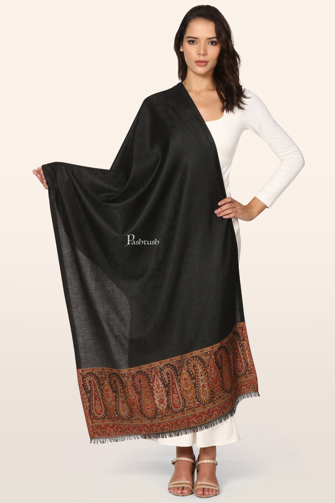 Pashtush Womens Stole, Faux Pashmina with Woven Pasiley Palla, Black