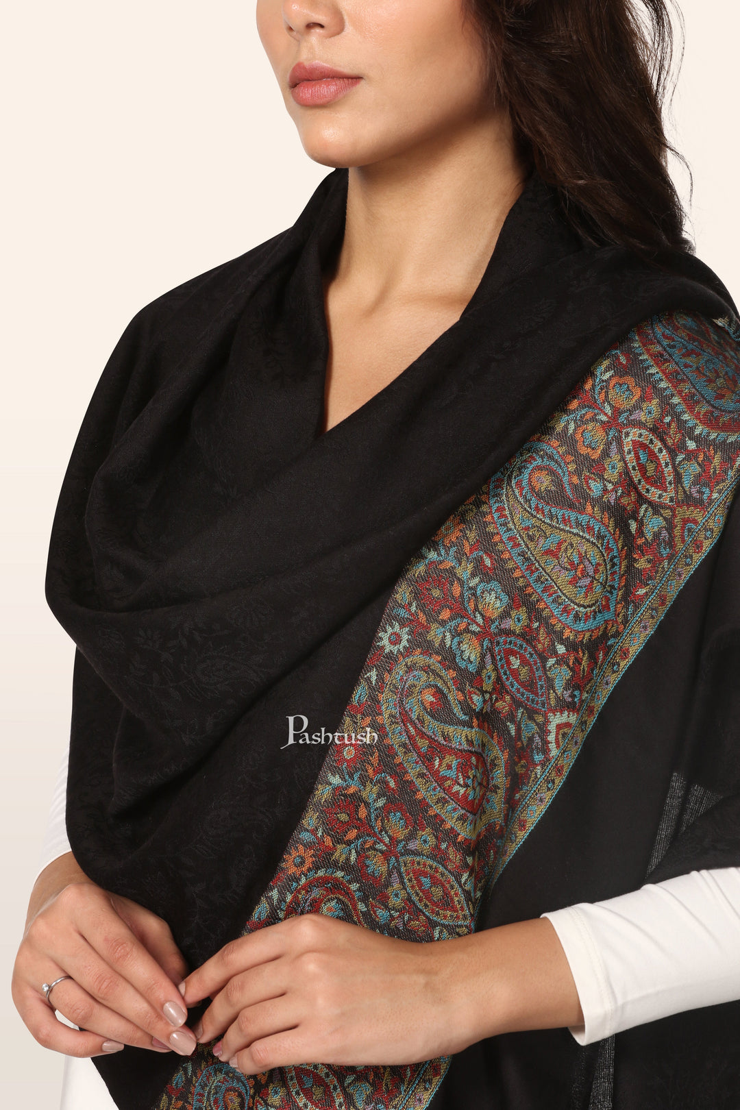 Pashtush Womens Bamboo Stole, Ambi Palla Design, Black