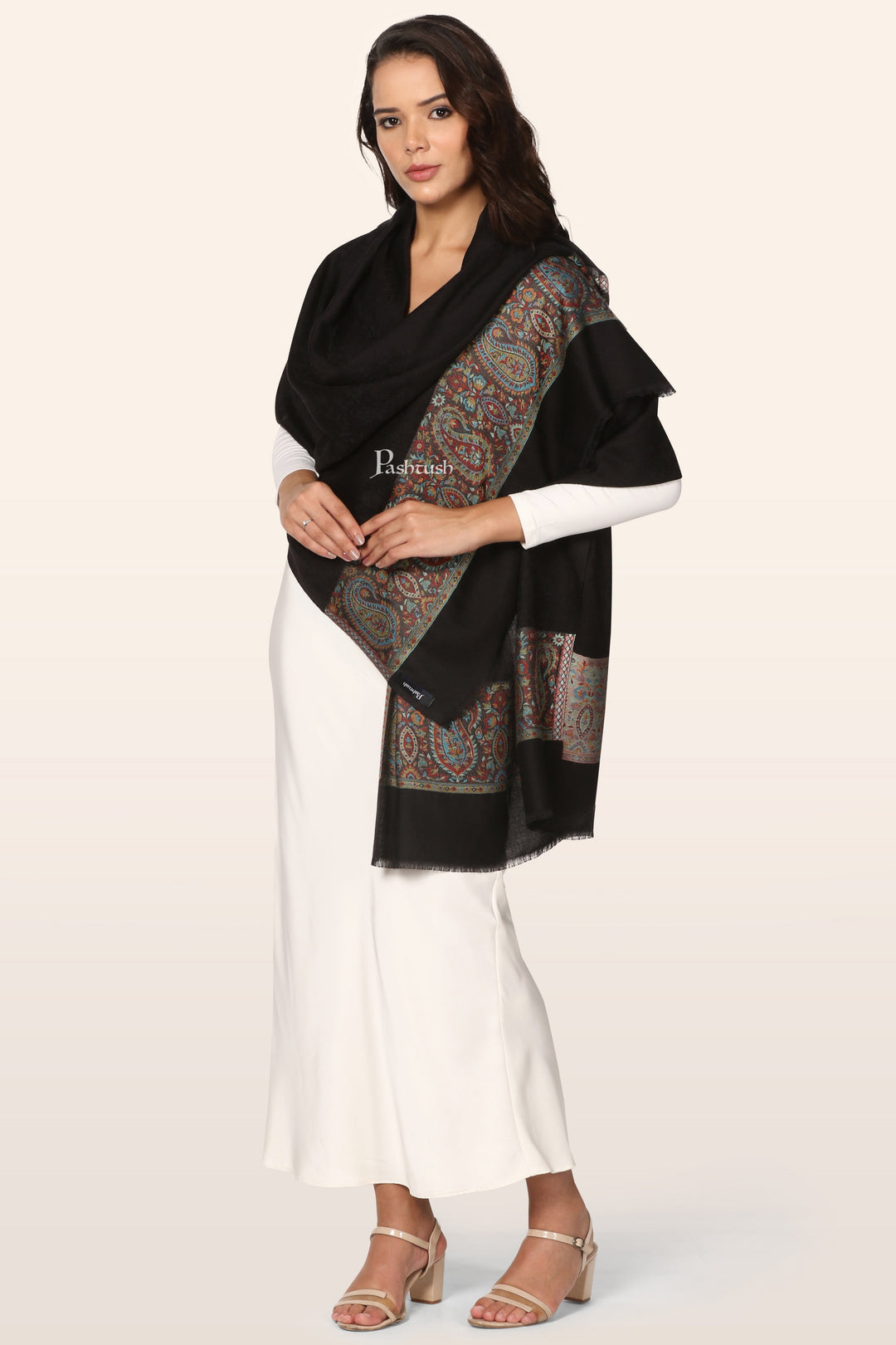 Pashtush Womens Bamboo Stole, Ambi Palla Design, Black