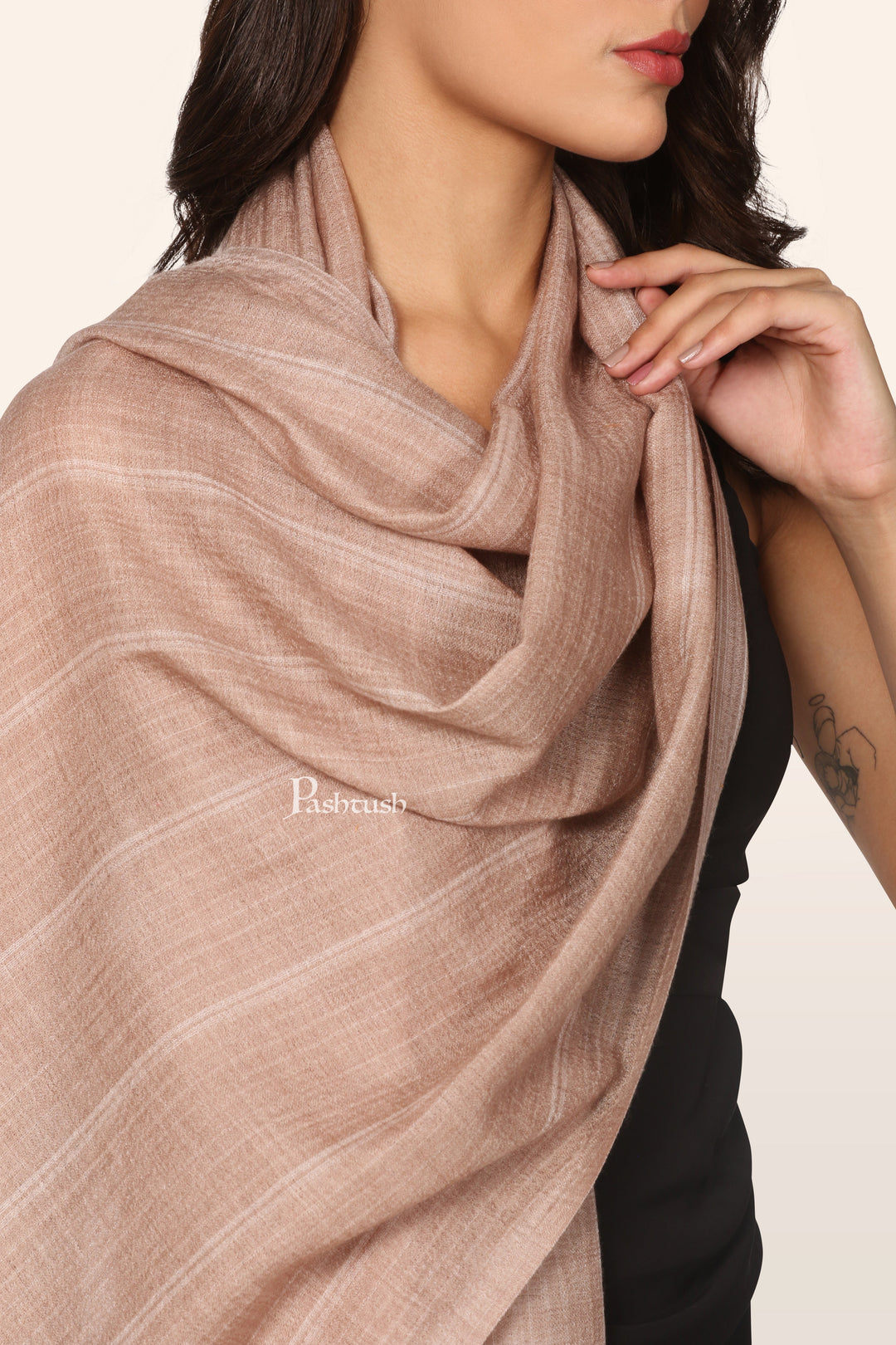 Pashtush Womens Extra Fine Wool Stole, Stripe Weave Design, Taupe