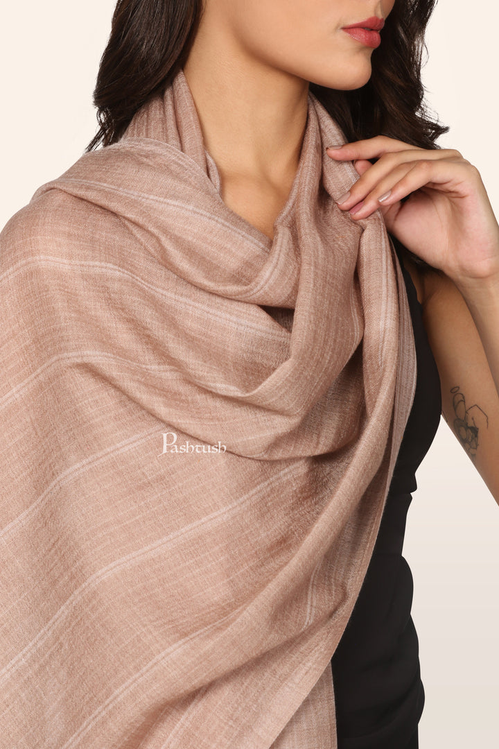 Pashtush Womens Extra Fine Wool Stole, Stripe Weave Design, Taupe