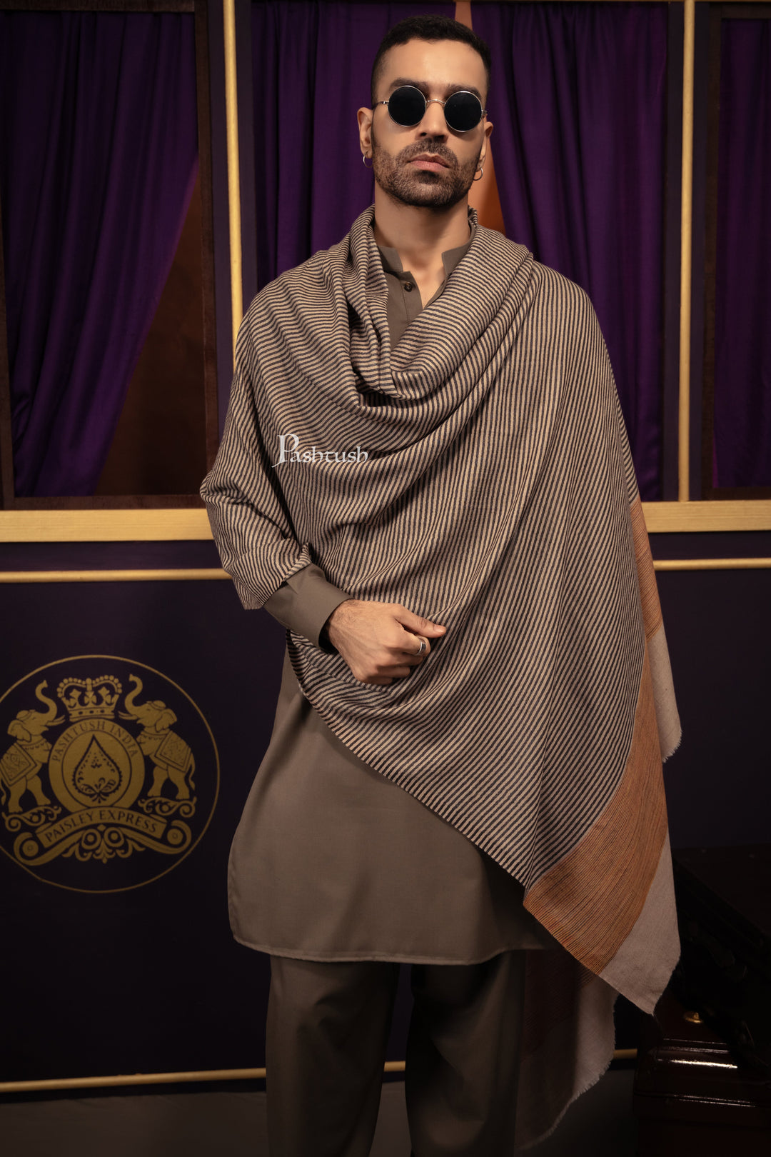 Pashtush Mens Cashmere Shawl, Reversible Design, Multicolour