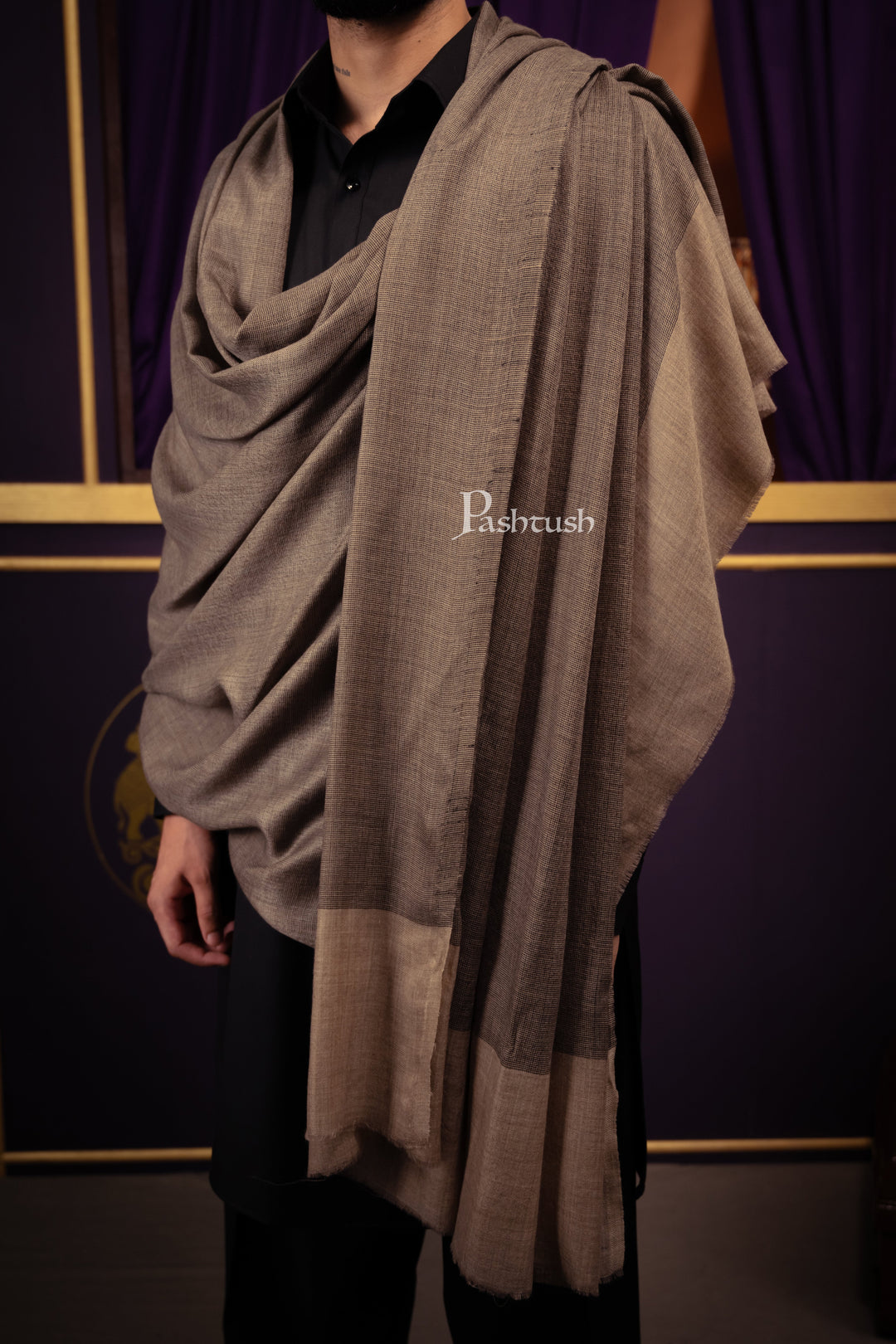 Pashtush Mens Extra Fine Silk Wool Shawl, Full Size, Black and Beige