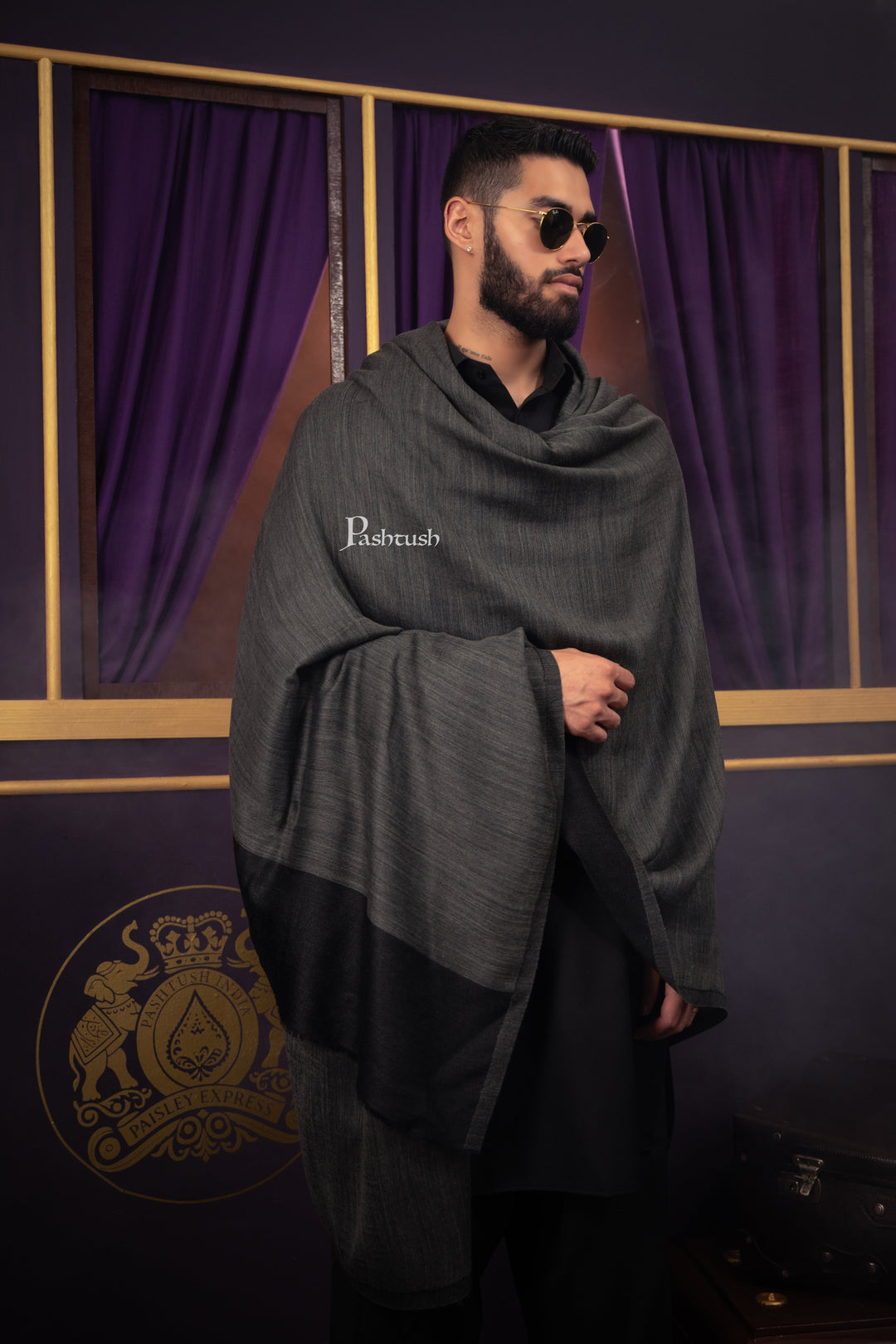 Pashtush Mens Cashmere Shawl, Reversible Design, Black