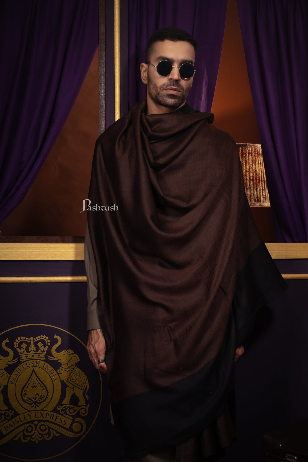 Pashtush Mens Cashmere Shawl, Reversible Design, Dark Brown