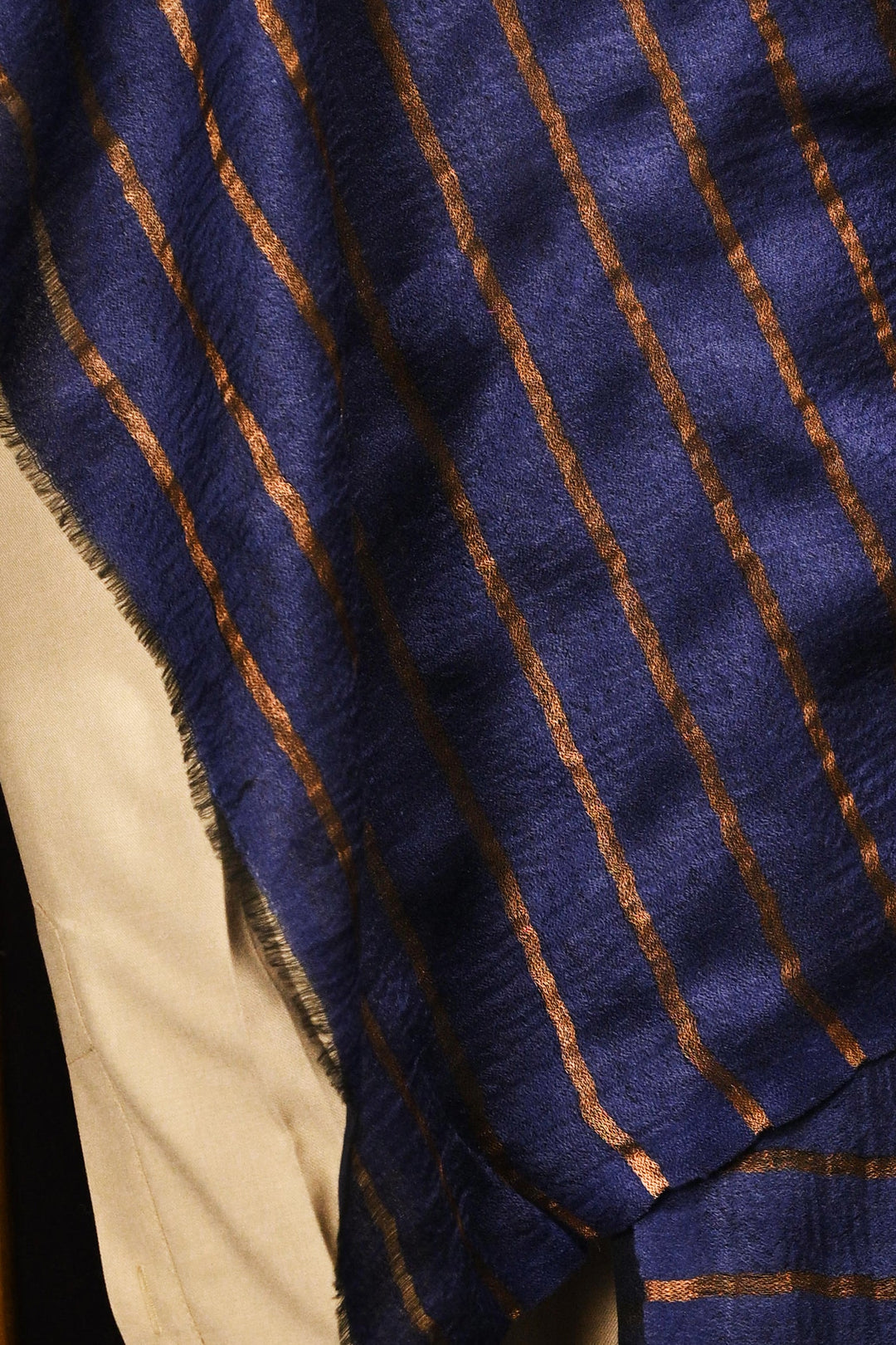 Pashtush Mens Twilight Collection, Striped Metallic Thread Weave, Fine Wool, Blue and golden