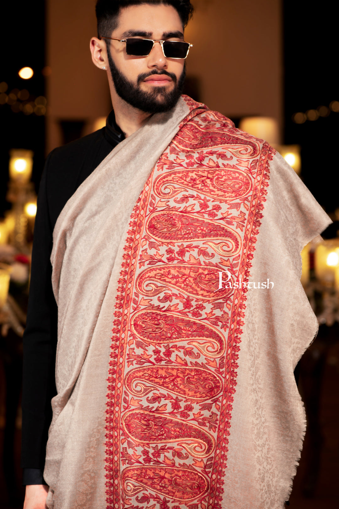 Pashtush Mens Shawl, Hand Embroidered Ethnic Weave Palla , Soft Fine Wool, Full Size, Beige