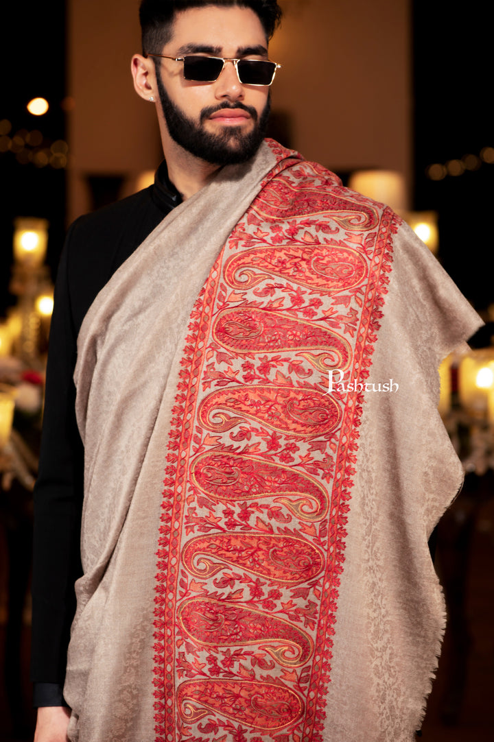 Pashtush Mens Shawl, Hand Embroidered Ethnic Weave Palla , Soft Fine Wool, Full Size, Taupe