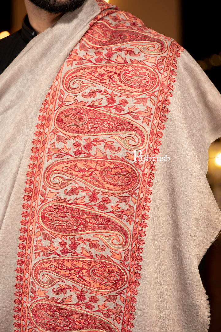 Pashtush Mens Shawl, Hand Embroidered Ethnic Weave Palla , Soft Fine Wool, Full Size, Beige