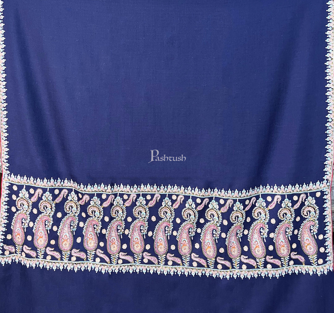 Pashtush Womens Pure Pashmina Shawl, Kashmiri Hand Embroidered, Pastel Embroidery, Royal Blue