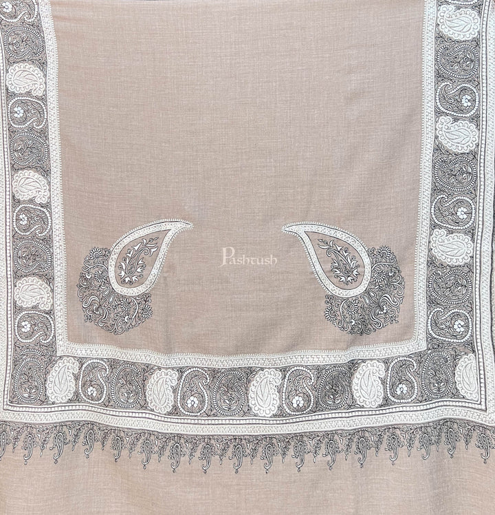 Pashtush Womens Pashmina Shawl, Chaandi Taar Daur with Real Silver Embroidery, Border, Beige