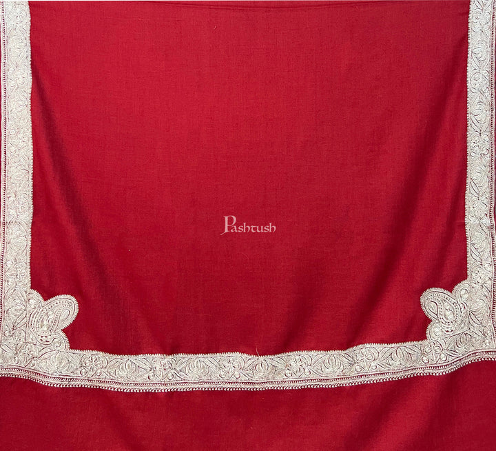 Pashtush Womens Pashmina Shawl, Chaandi Taar Daur with Real Silver Embroidery, Border, Maroon