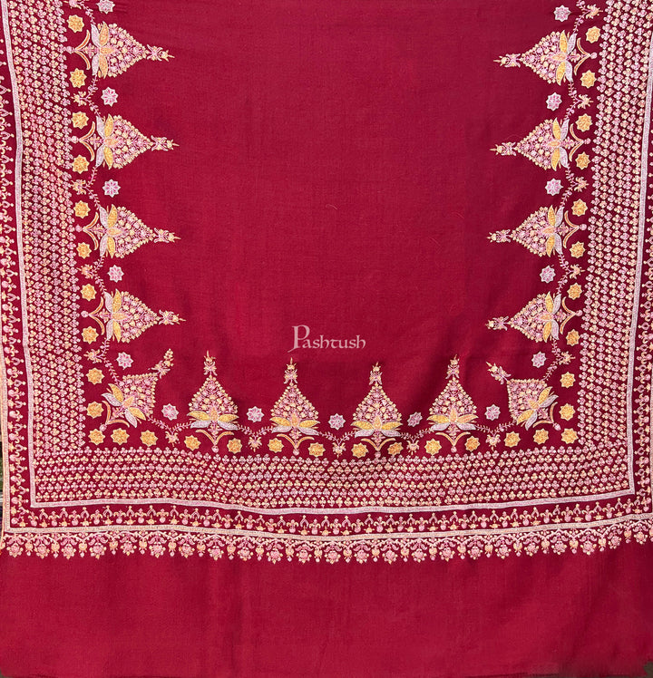 Pashtush Womens Pure Pashmina Shawl, Kashmiri Hand Embroidered, Handloom, Crimson