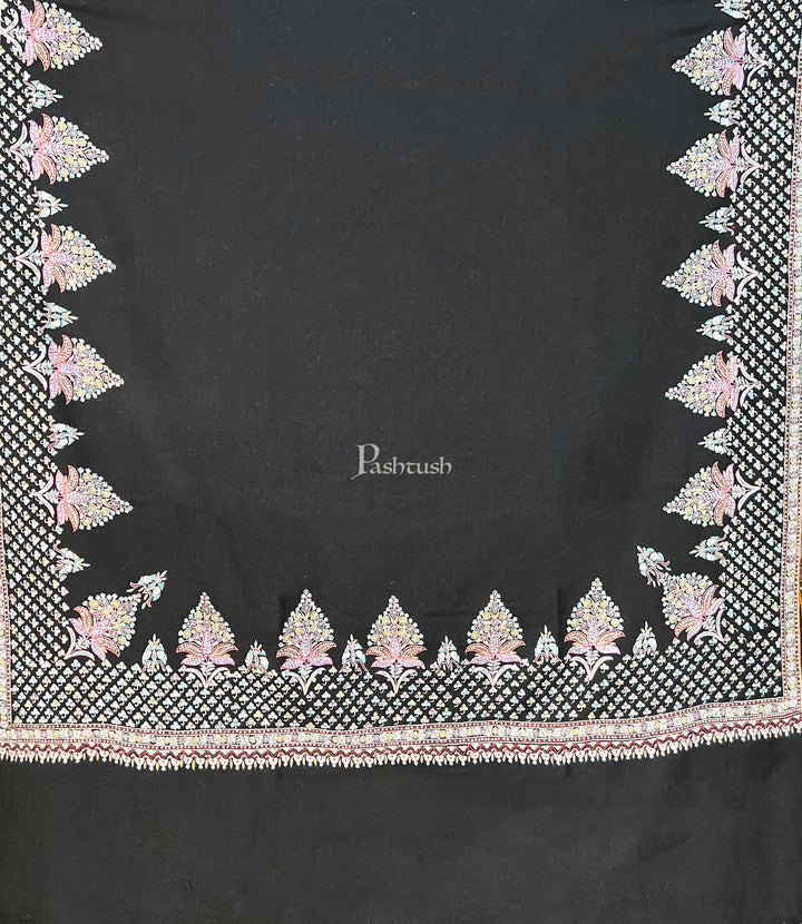 Pashtush Womens Pure Pashmina Shawl, Kashmiri Hand Embroidered, Handloom, Rich Black