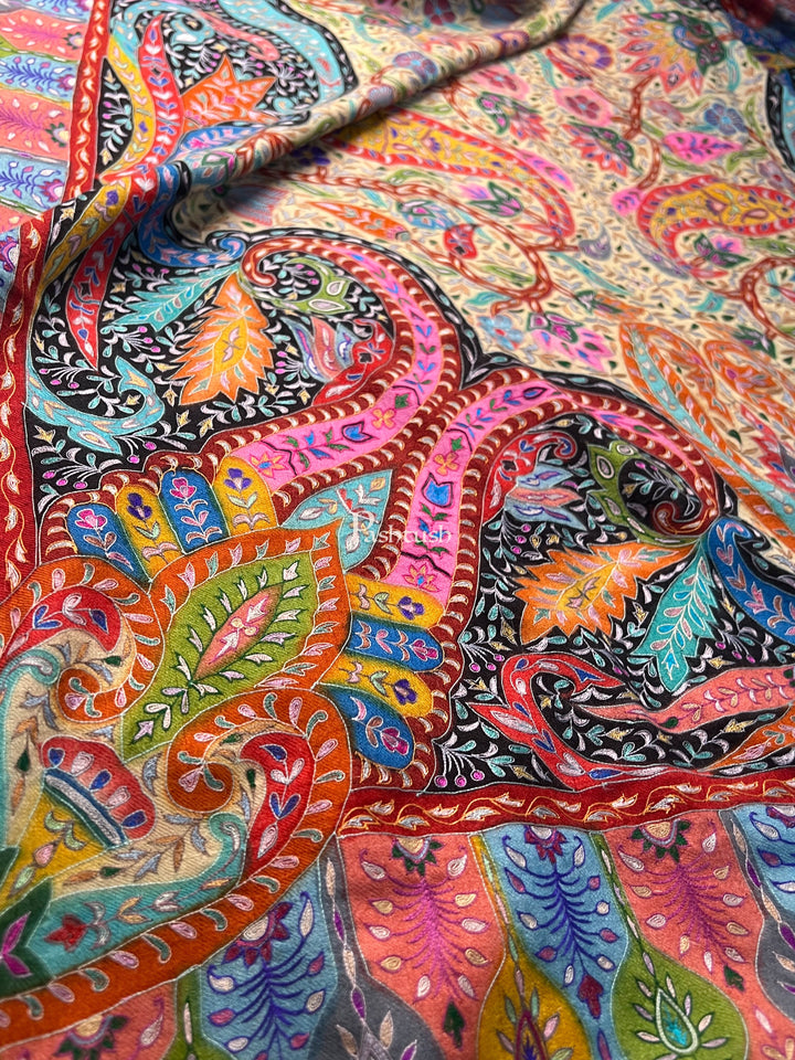 Pashtush Womens Pashmina Shawl, Hand Painted, Hand Embroidered, Handloom Woven Shawl, Multicoloured