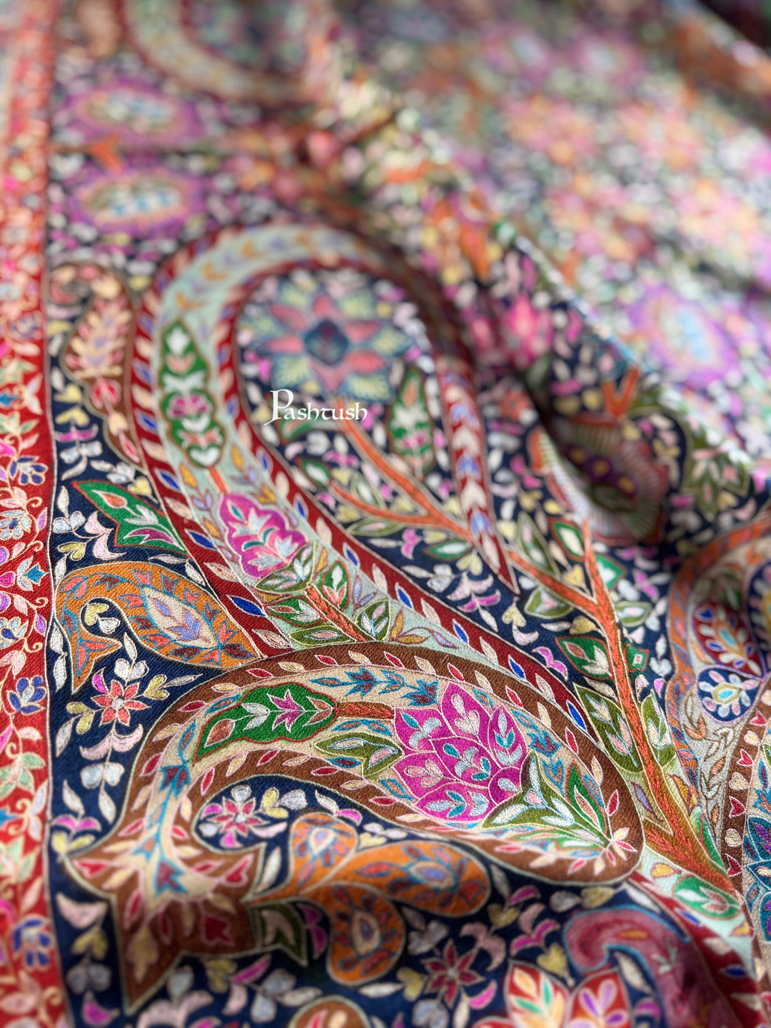 Pashtush Womens Pashmina Shawl, Multicoloured Kalamkari, Hand Painted, Woven, Embroidered with Ombre