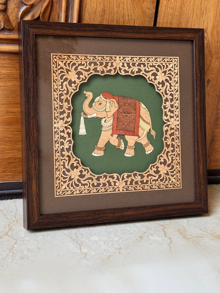 Pashtush Wooden Artwork, The Darbar Elephant Wall Art, Intricately Crafted Using Natural Coloured Wood