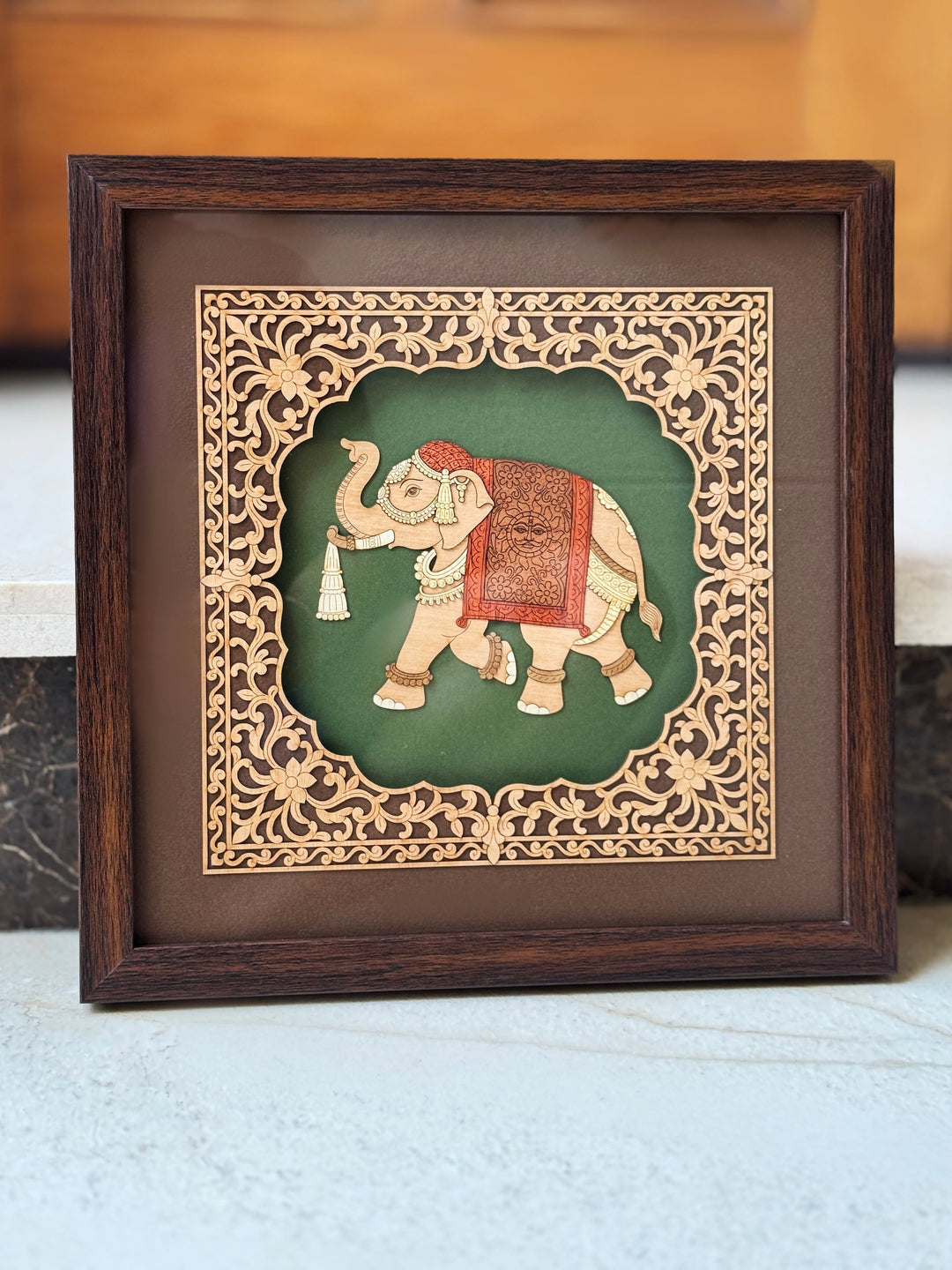 Pashtush Wooden Artwork, The Darbar Elephant Wall Art, Intricately Crafted Using Natural Coloured Wood