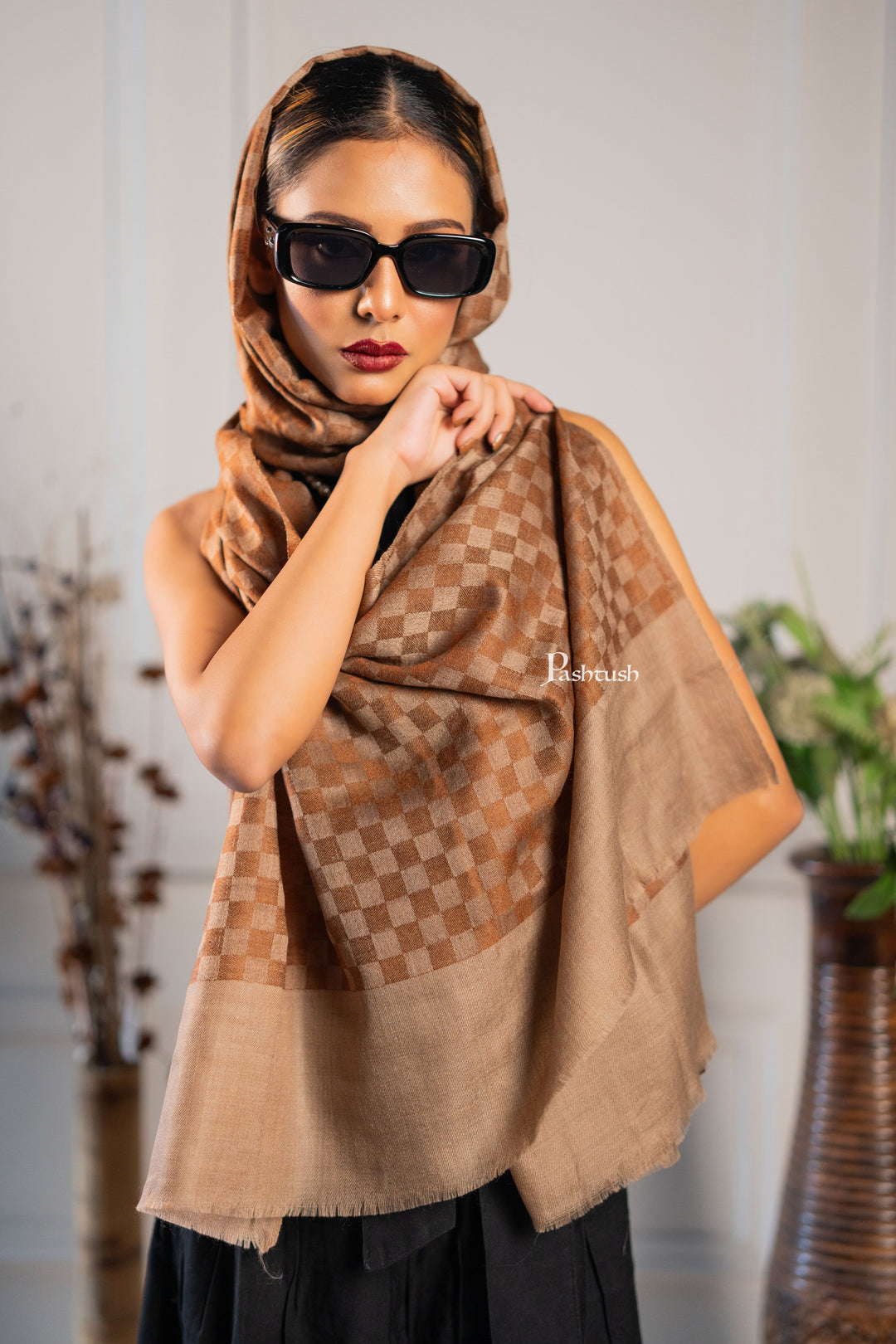 Pashtush Womens Extra Fine Wool Stole, Checkered Design, Coffee