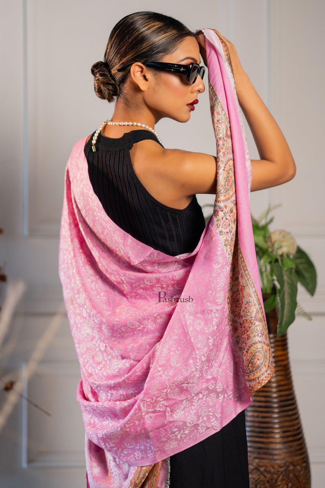 Pashtush Womens Bamboo Stole, Paisley Palla Design, Dark Pink