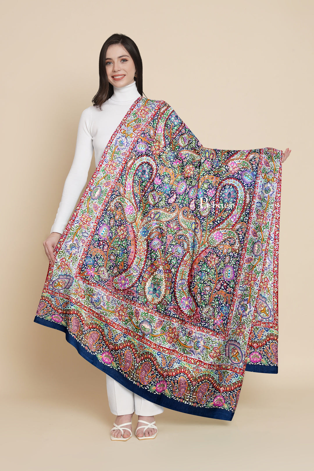 Pashtush Womens Pashmina Shawl, Multicoloured Kalamkari, Hand Painted, Woven, Embroidered with Ombre