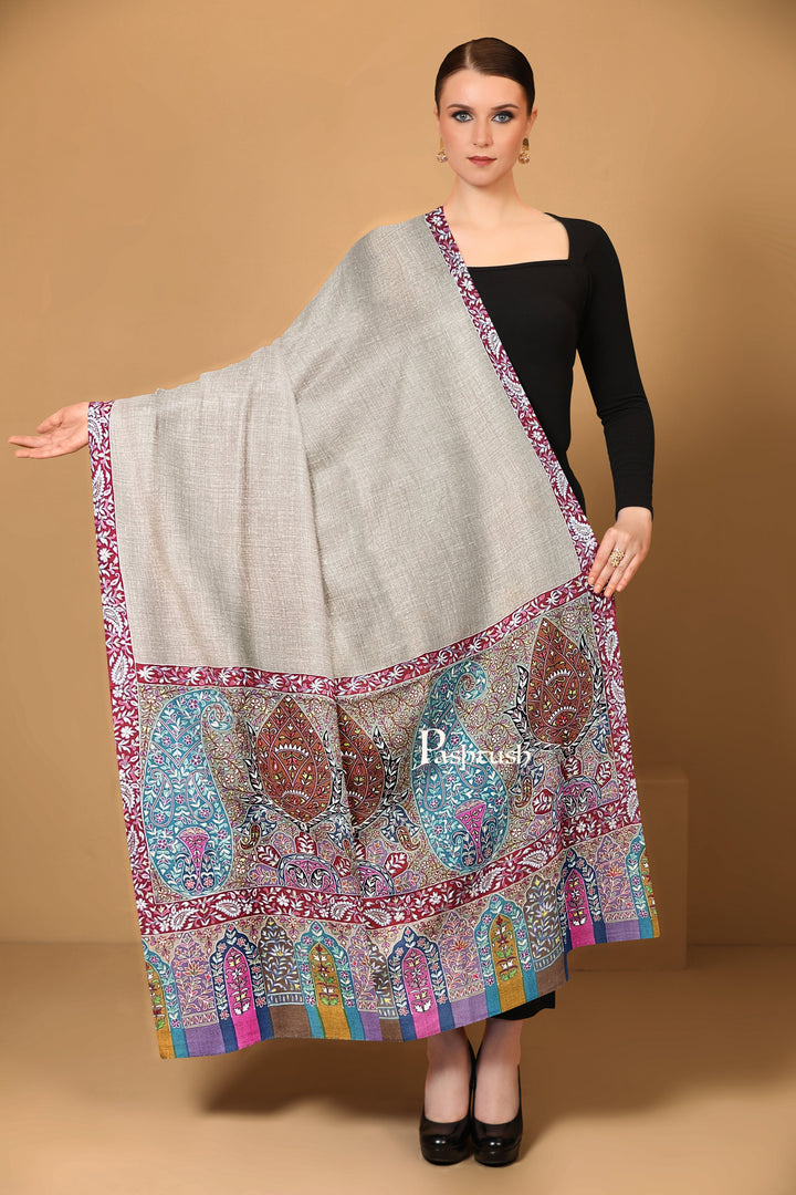 Pashtush Womens Pure Pashmina Shawl, Hand Embroidered, Hand Painted Kalamkari Palla, Handloom, Multicolour