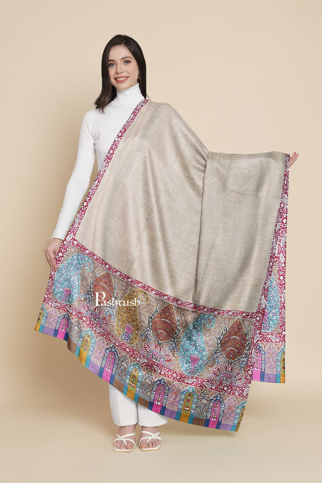 Pashtush Womens Pure Pashmina Shawl, Hand Embroidered, Hand Painted Kalamkari Palla, Handloom, Multicolour