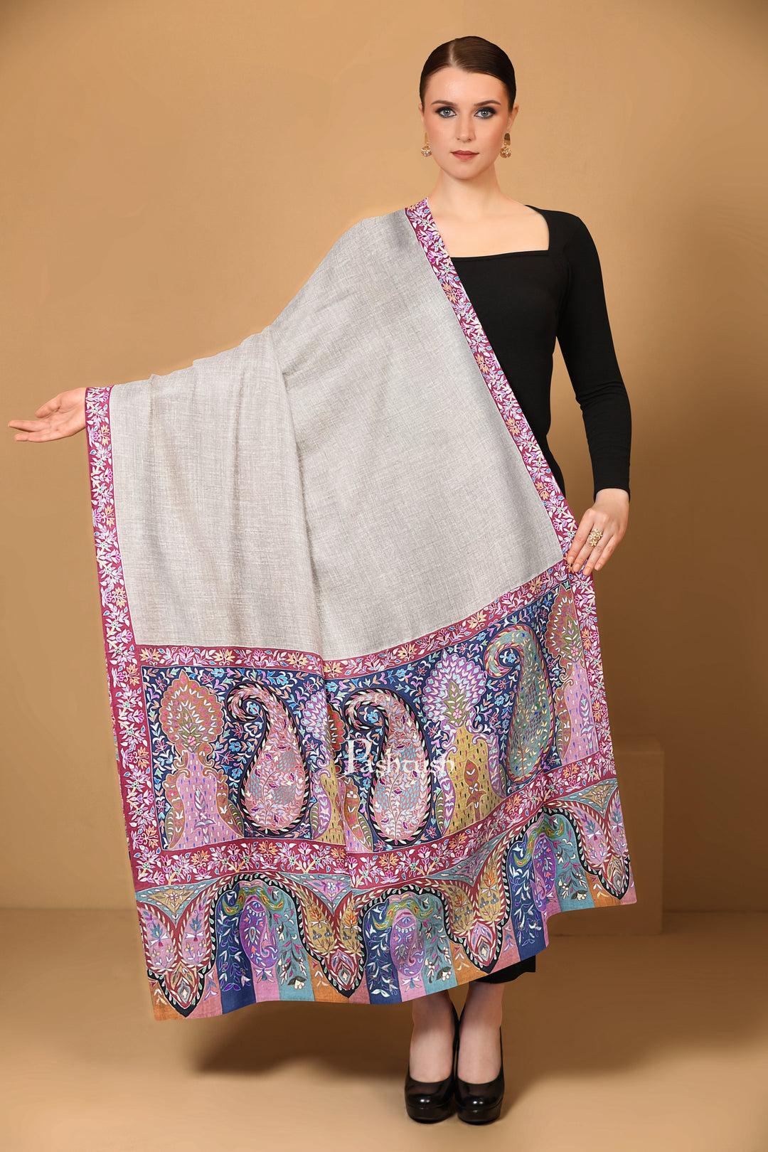 Pashtush Womens Pure Pashmina Shawl, Hand Embroidered, Hand Painted Kalamkari Palla, Handloom, Multicolour