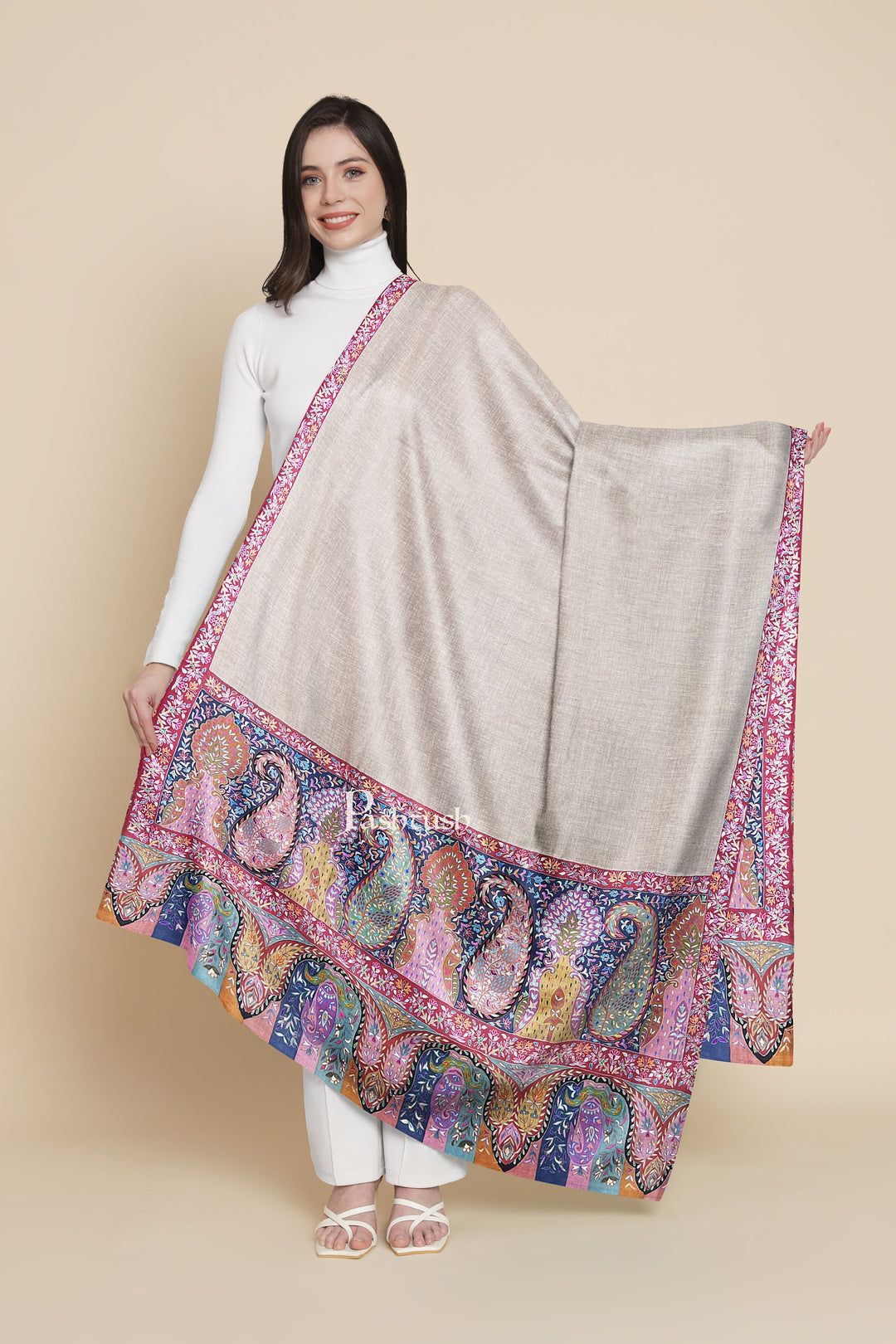 Pashtush Womens Pure Pashmina Shawl, Hand Embroidered, Hand Painted Kalamkari Palla, Handloom, Multicolour