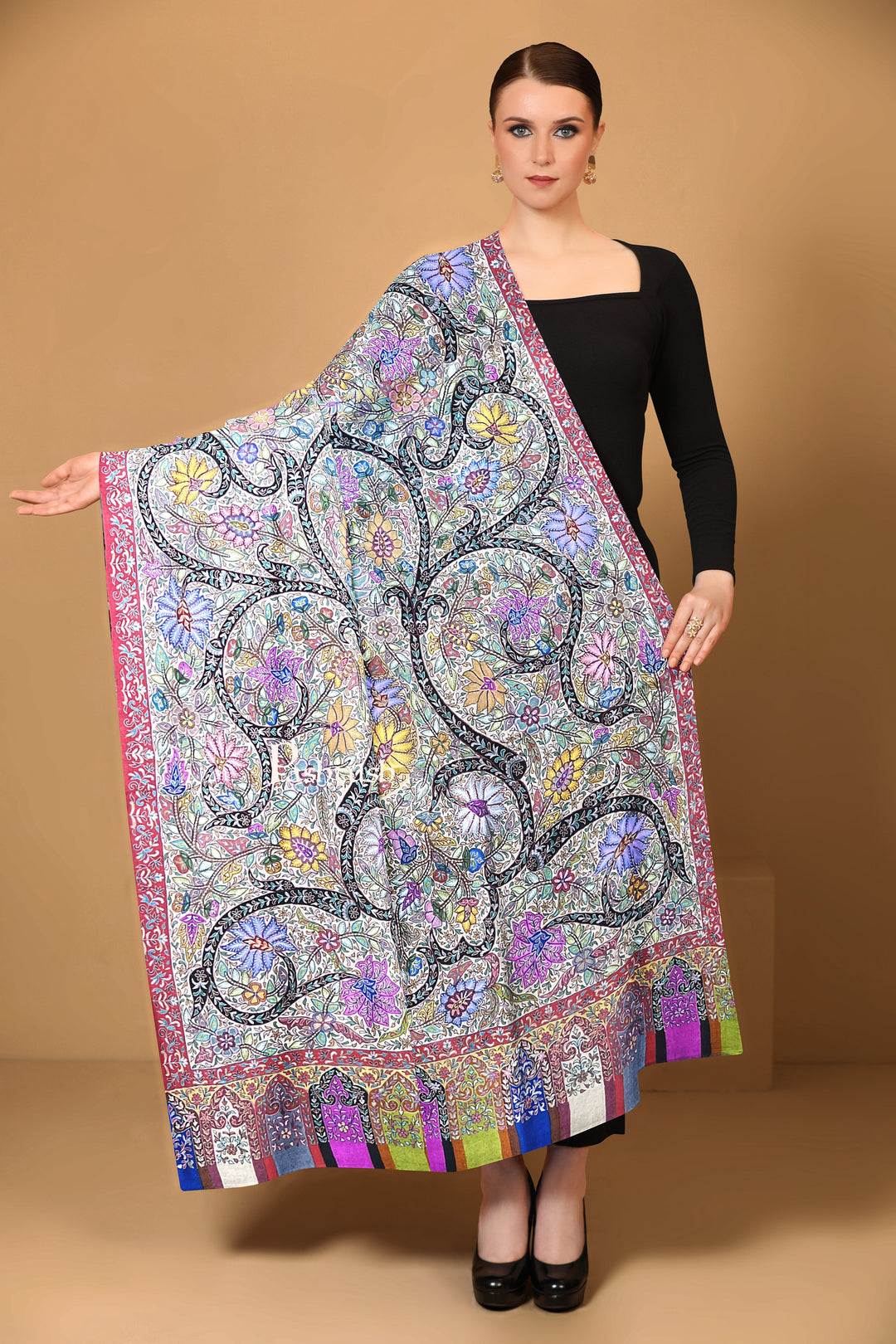 Pashtush Womens Pashmina Shawl, Handmade Kalamkari, Multicoloured