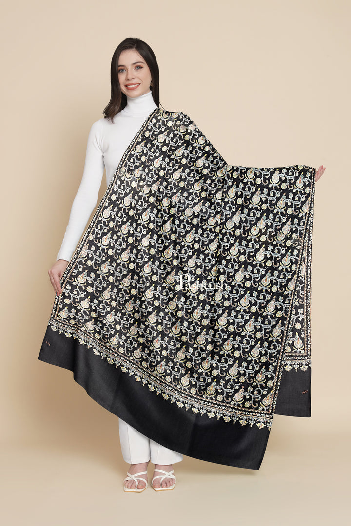 Pashtush Womens Handmade Pashmina Shawl, Kashmiri Sozni Embroidery, Black