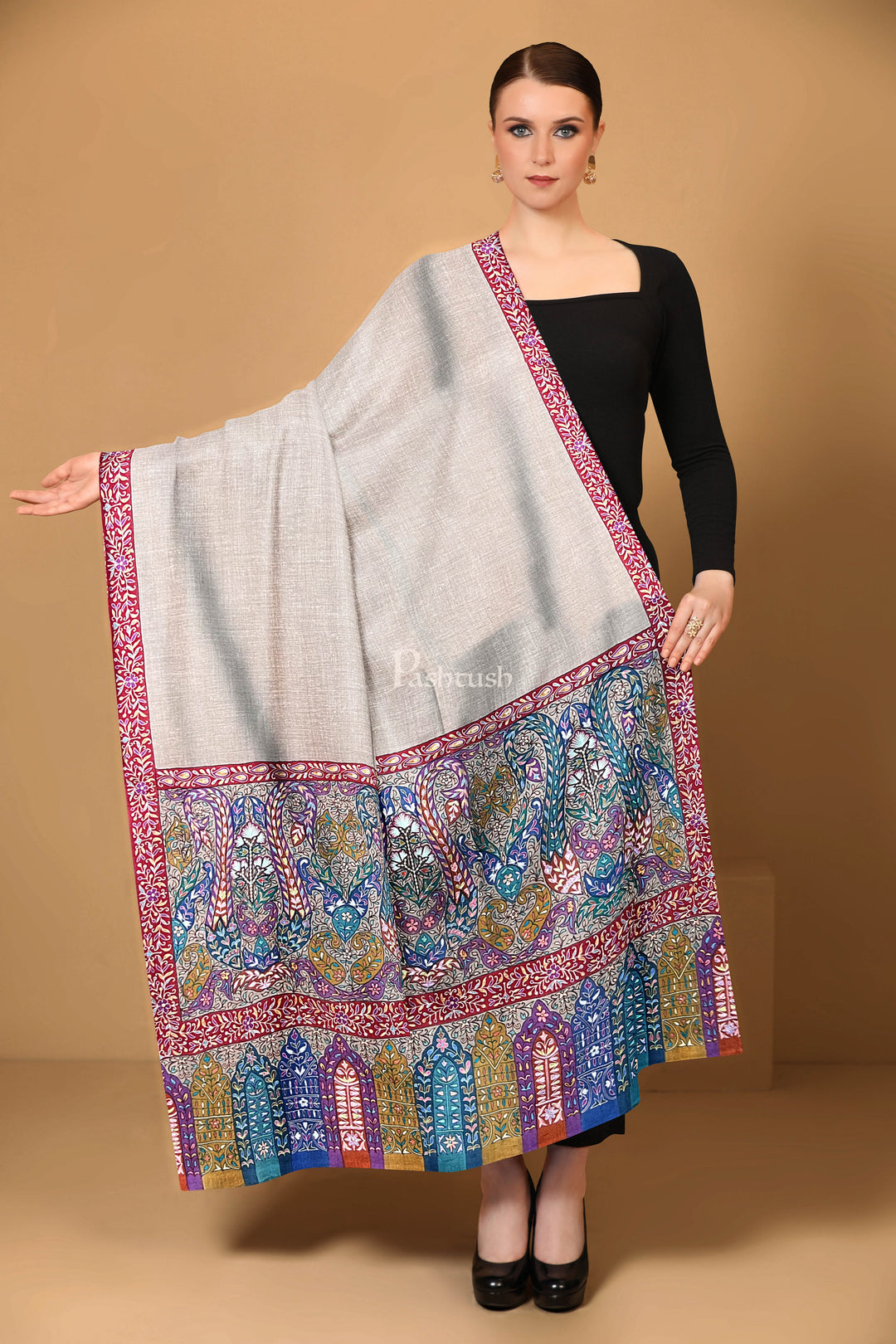 Pashtush Womens Pure Pashmina Shawl, Hand Embroidered, Hand Painted Kalamkari Palla, Handloom, Multicolour