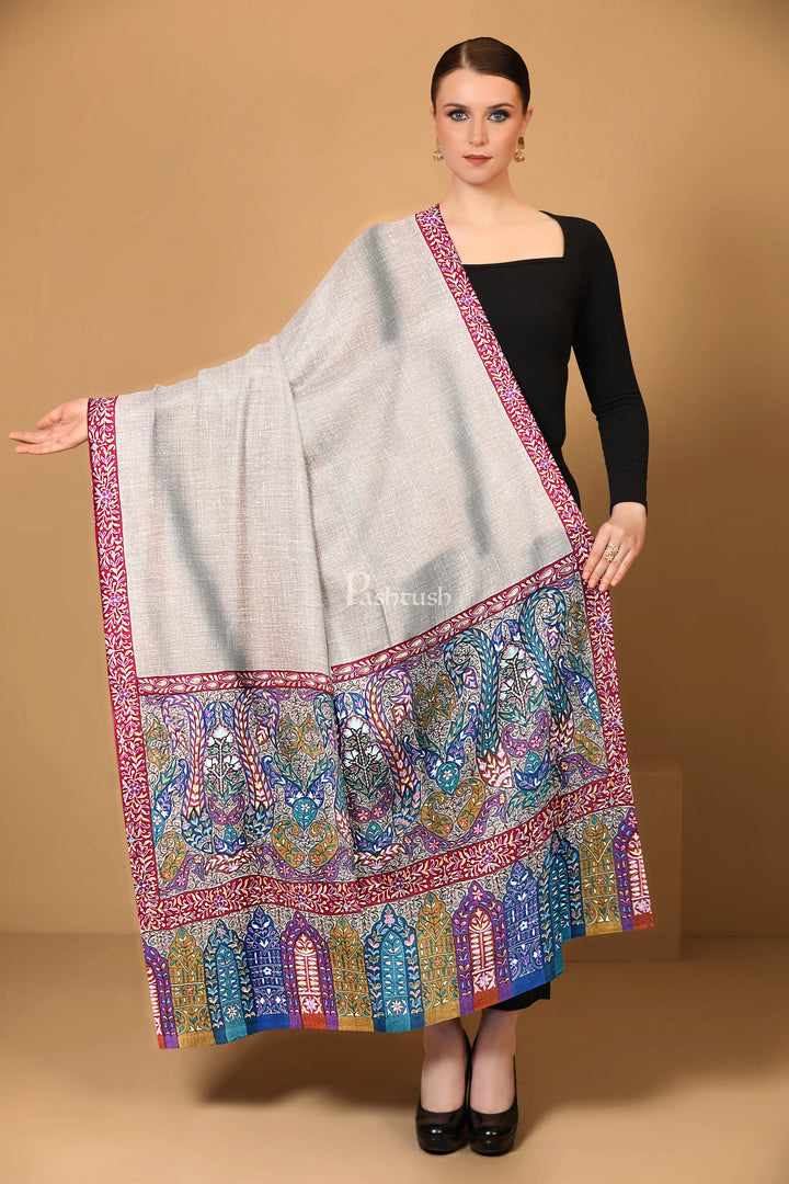 Pashtush Womens Pure Pashmina Shawl, Hand Embroidered, Hand Painted Kalamkari Palla, Handloom, Multicolour