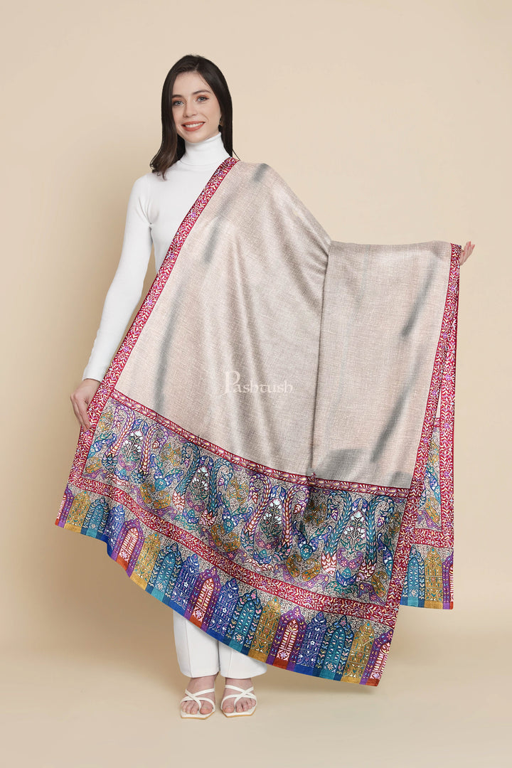 Pashtush Womens Pure Pashmina Shawl, Hand Embroidered, Hand Painted Kalamkari Palla, Handloom, Multicolour