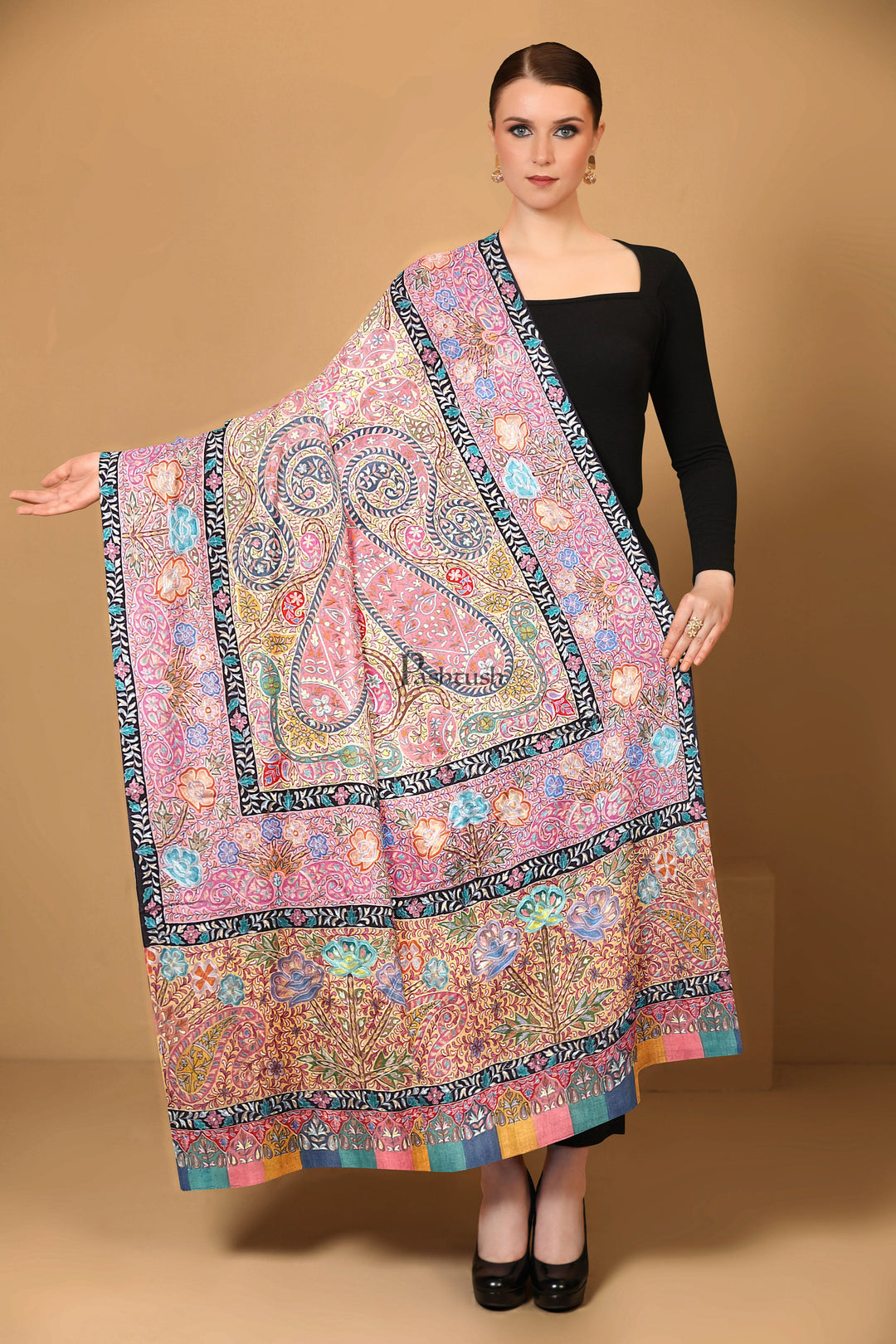 Pashtush Womens Pashmina Shawl, Hand Painted, Hand Embroidered, Handloom Woven Shawl, Multicoloured